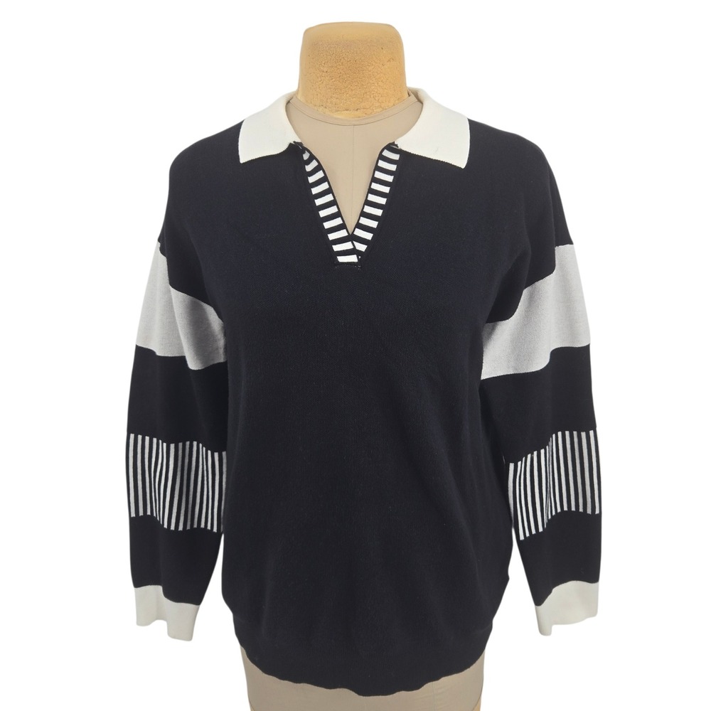 Lomon Sweater Pullover Women XL Black White Striped V-Neck Knit Casual Quiet Lux